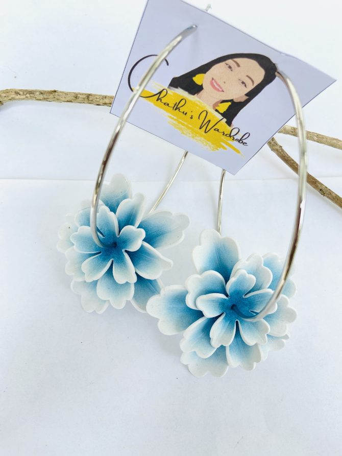 Floral Adorned Drop Brass Hoop Earrings