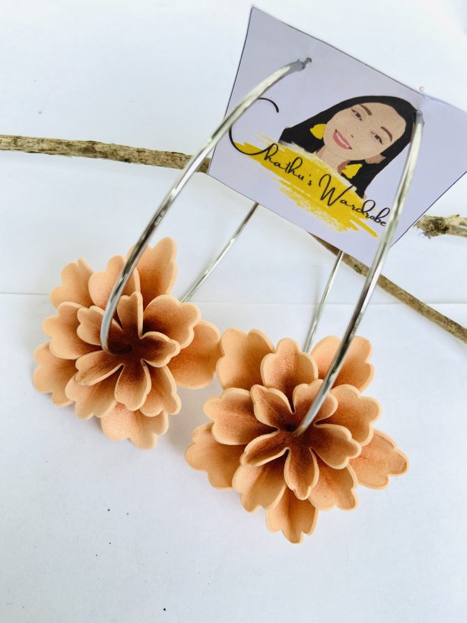 Floral Adorned Drop Brass Hoop Earrings