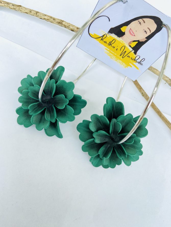 Floral Adorned Drop Brass Hoop Earrings