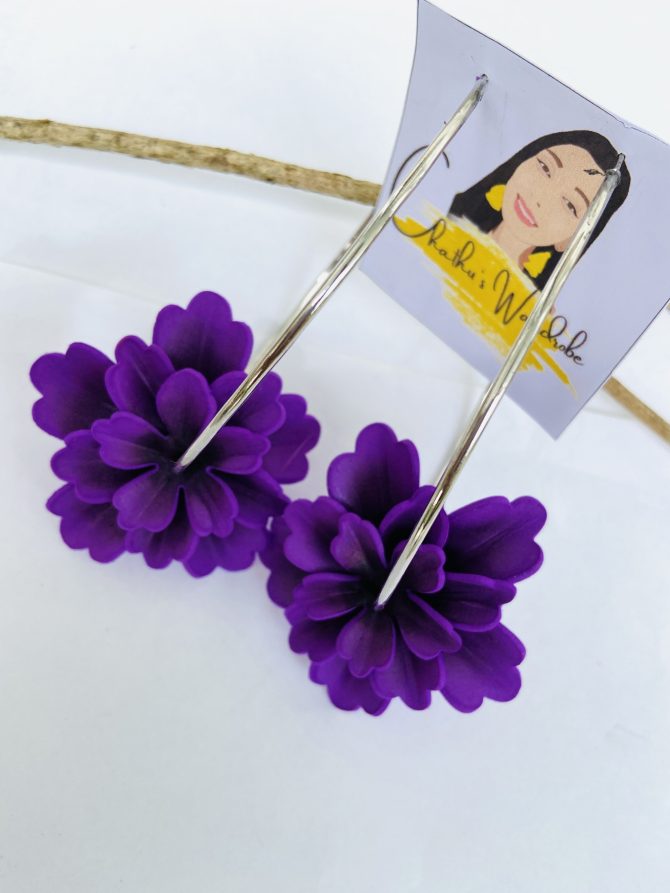 Floral Adorned Drop Brass Hoop Earrings