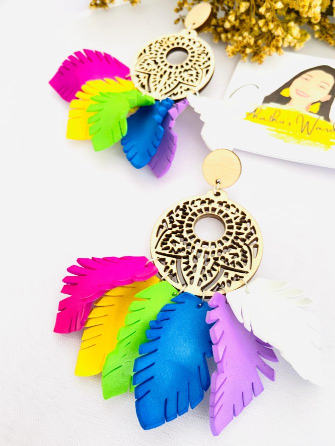 Vibrant Handmade Wooden Earrings with Colorful Foam Petals
