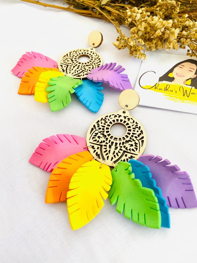 Vibrant Handmade Wooden Earrings with Colorful Foam Petals
