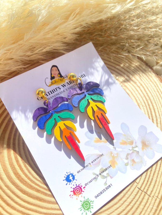 Rainbow Tropical Leaf Dangle Earrings