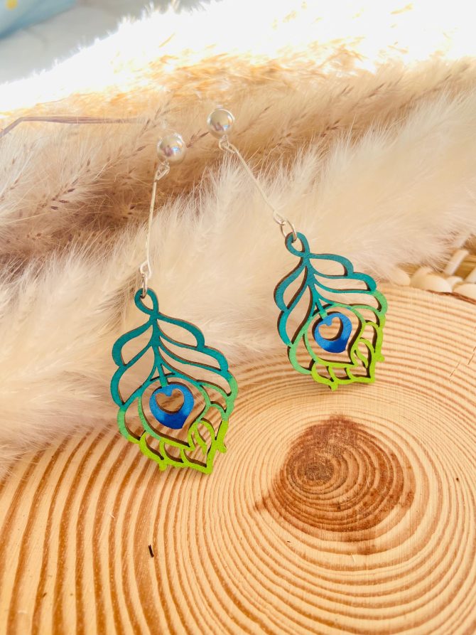 Hand-Painted Wooden Peacock Feather Earrings