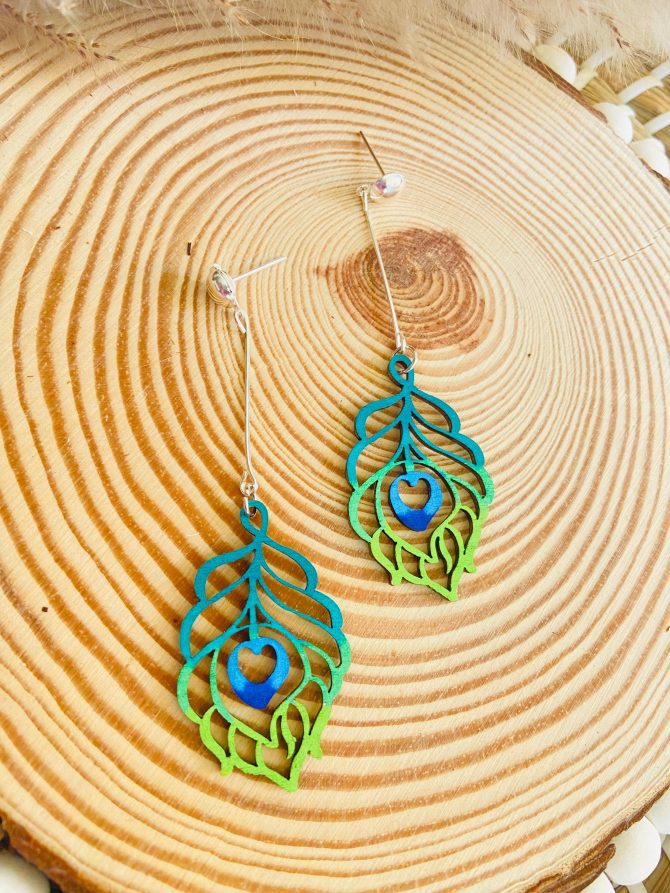 Hand-Painted Wooden Peacock Feather Earrings