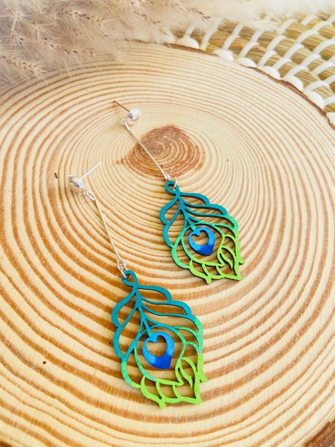 Hand-Painted Wooden Peacock Feather Earrings
