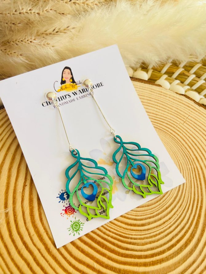 Hand-Painted Wooden Peacock Feather Earrings