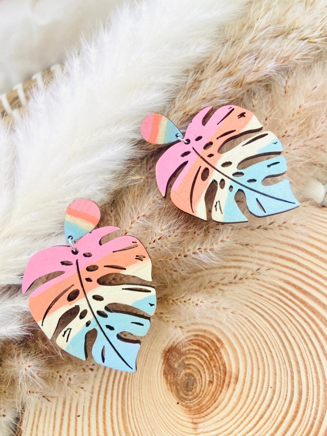 Hand-Painted Wooden Monstera Leaf Earrings