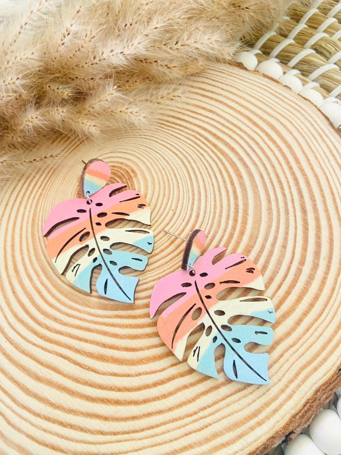 Hand-Painted Wooden Monstera Leaf Earrings