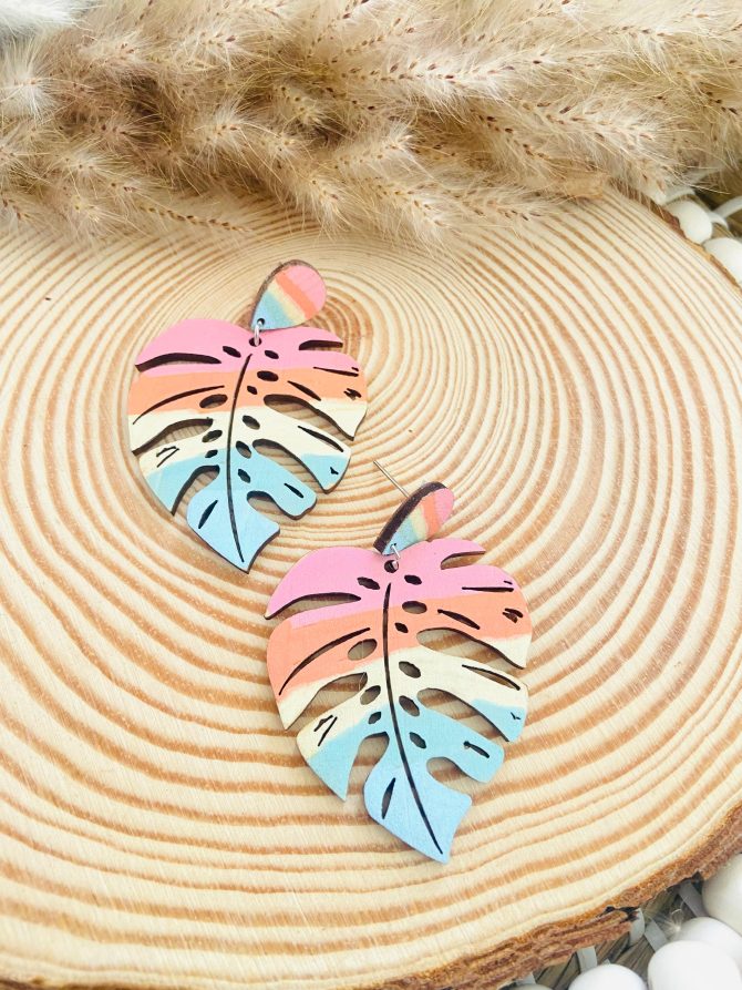 Hand-Painted Wooden Monstera Leaf Earrings