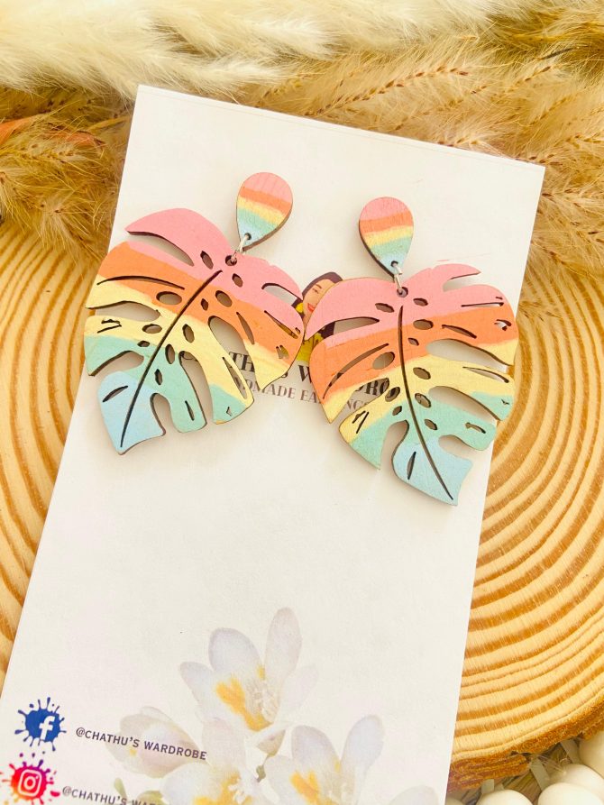 Hand-Painted Wooden Monstera Leaf Earrings