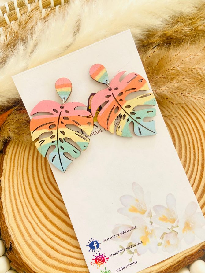 Hand-Painted Wooden Monstera Leaf Earrings